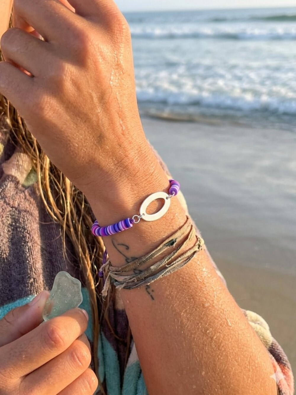 Boho Purple Heishi Bead Adjustable Bracelet – Surfer Chic